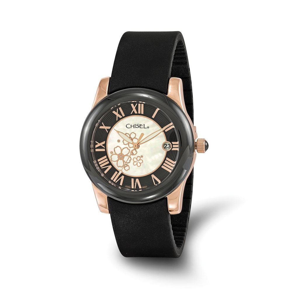 Ladies Chisel Rose Ip-Plated Floral Dial Black Strap Wrist Watch 8.25 In Length